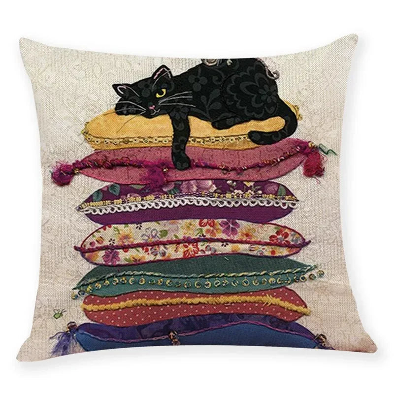 Axyaa Cat Print Linen Pillowcase 45x45cm Home Decor Cushion Cover