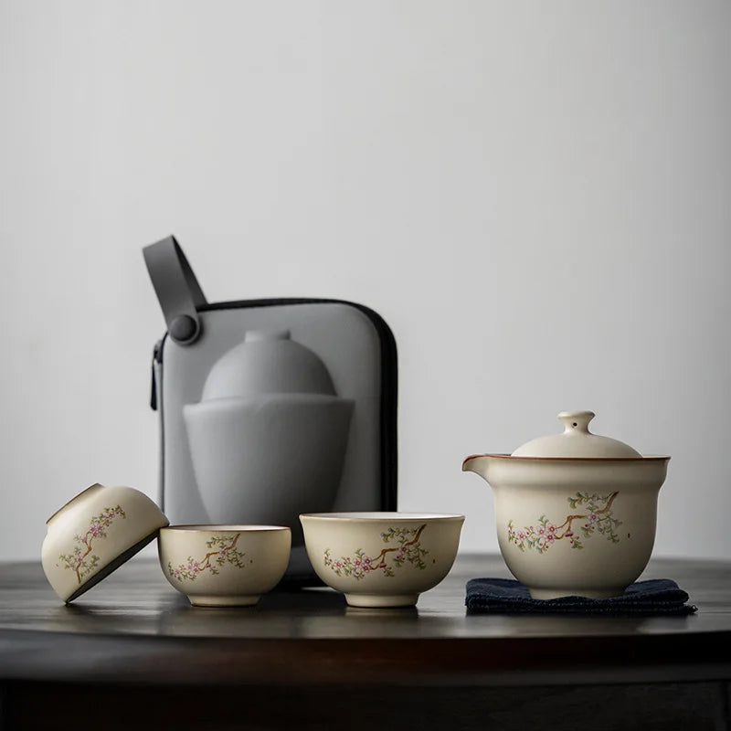 Axya Portable Travel Tea Set with Ceramic Quick Cup - One Pot Three Cups