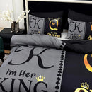 Axyaa Black Grey Color Blocking Crown Letter Duvet Cover Set for Queen King Size