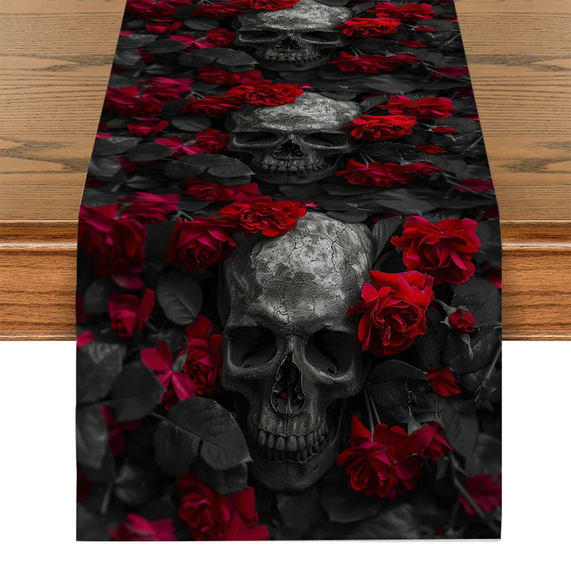 Axyaa Halloween Skull Flower Table Runner