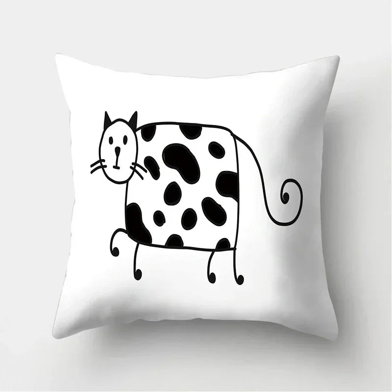 Axyaa Black & White Cat Pattern Cushion Cover for Living Room, Bedroom & Sofa