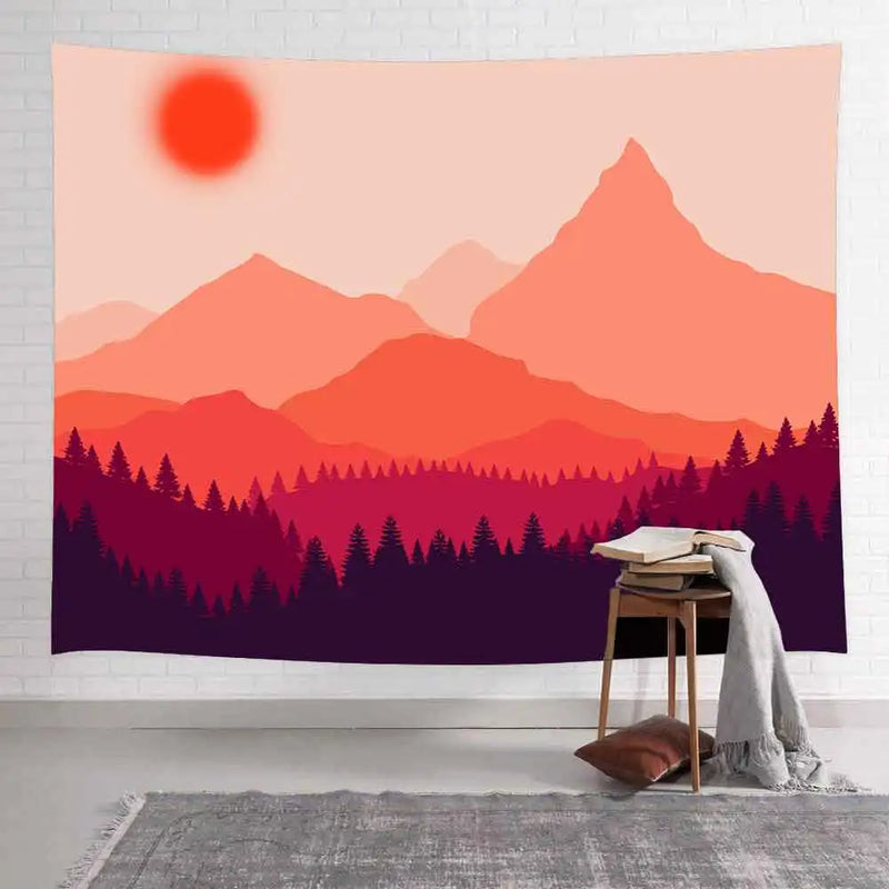 Axyaa Mountain Red Sun Tapestry: Forest Trees Wall Hanging for Home Aesthetic