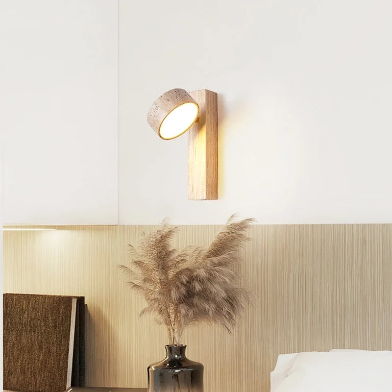 Axyaa LED Wall Light Mirror Stone Wood Wall Art Decor Bedroom Lamp
