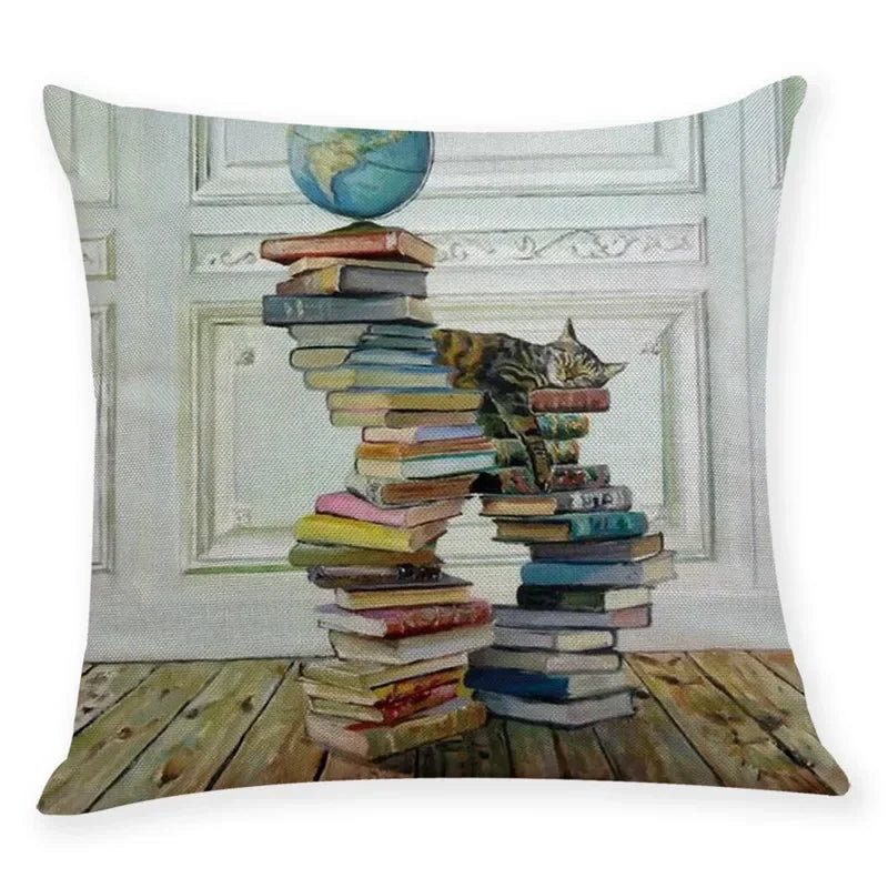 Axyaa Cat Print Linen Pillowcase 45x45cm Home Decor Cushion Cover