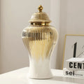 Axyaa Golden Stripes Ceramic Ginger Jar Vase with Lid - Handcrafted Porcelain Storage Tank