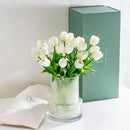 Axyaa Ribbed Glass Vase with White Tulips Artificial Flowers 20-Piece Set