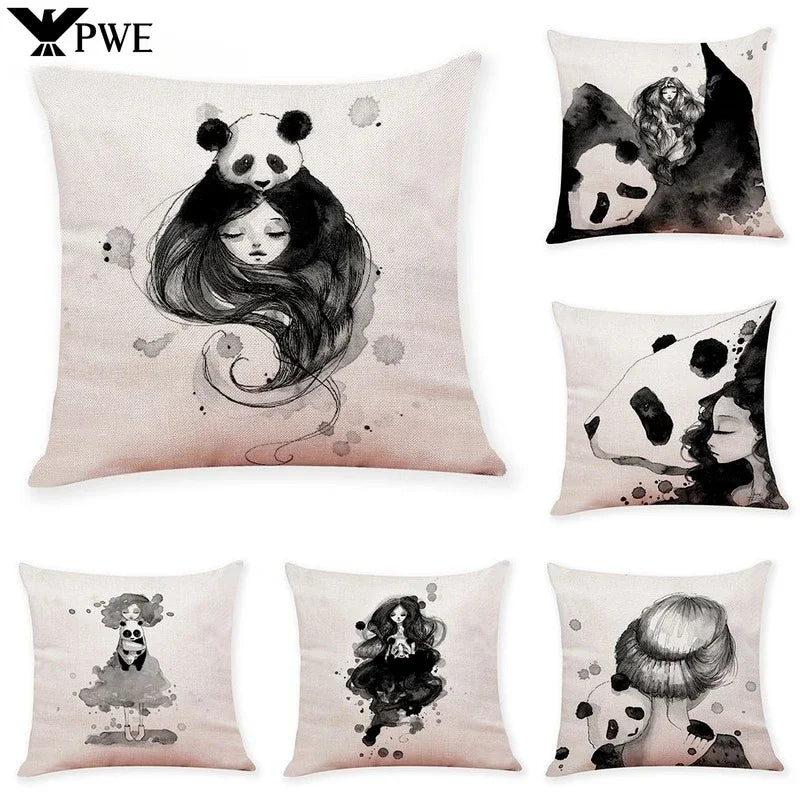 Axyaa Panda Linen Pillowcase 45*45cm - Office Sofa Decor Sans Car Cushion Cover