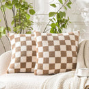 Axyaa Luxe Checkerboard Cushion Cover in Khaki Coffee Wool Faux Fur - Home Decor