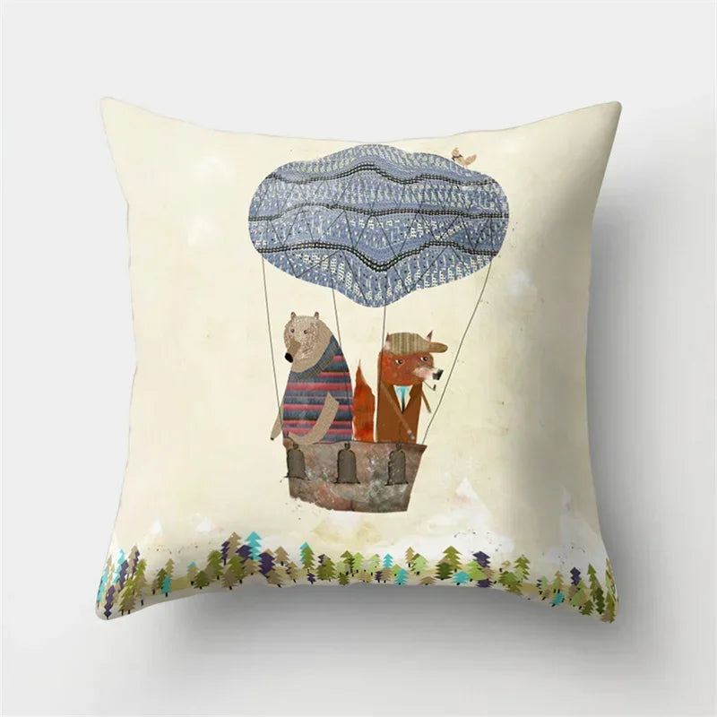 Fox and Bird Polyester Pillowcase by Axyaa: Cartoon Landscape Cushion Cover for Sofa