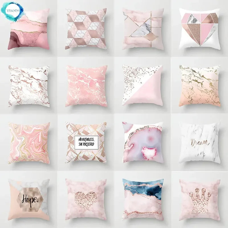 Pink Glitter Letter Flower Geometric Cushion Cover by Axyaa