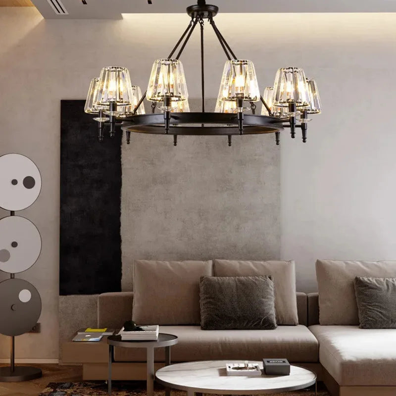 Axyaa Retro Matte Black Metal Crystal Chandelier Pendant Lights