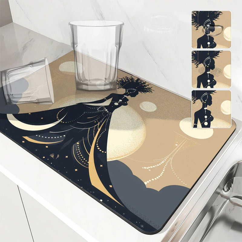 Axyaa Diatom Mud Kitchen Drain Pads - African Woman Design Absorbent Tableware Draining Mat