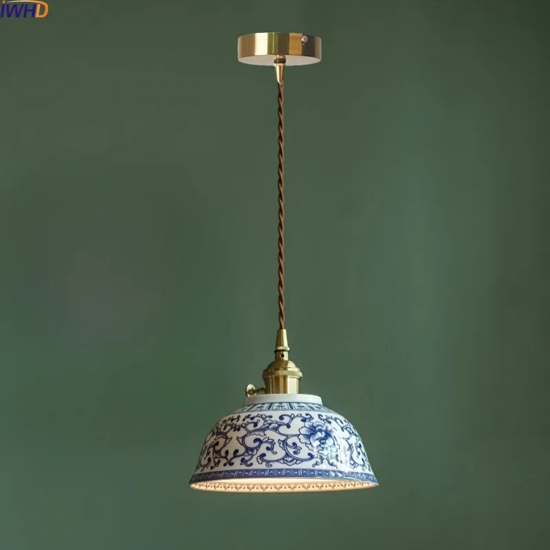 Axyaa White Blue Ceramic LED Pendant Lamp Retro Gold Brass Hanging Light