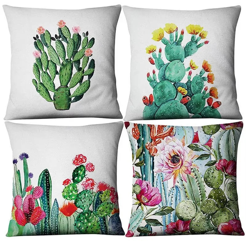 Luxurious Axyaa Succulent Cactus Flower Printed Linen Throw Pillow Case