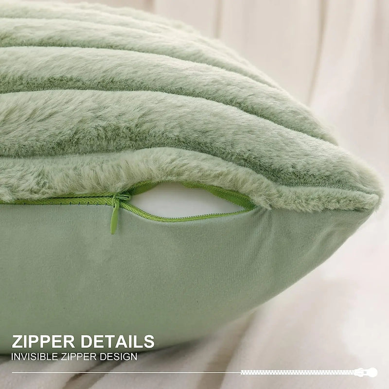 Axyaa White Green Rabbit Hair Cushion Cover Set - Modern Luxury Sofa Pillows