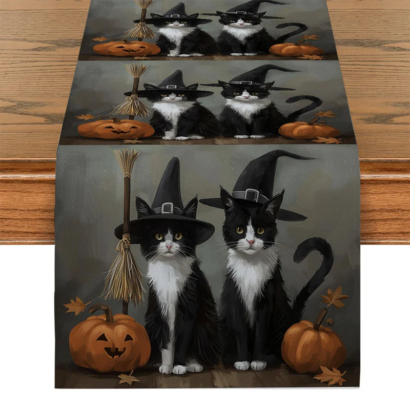 Axyaa Halloween Cat Pumpkin Wizard Hat Table Runner Home Wedding Decoration