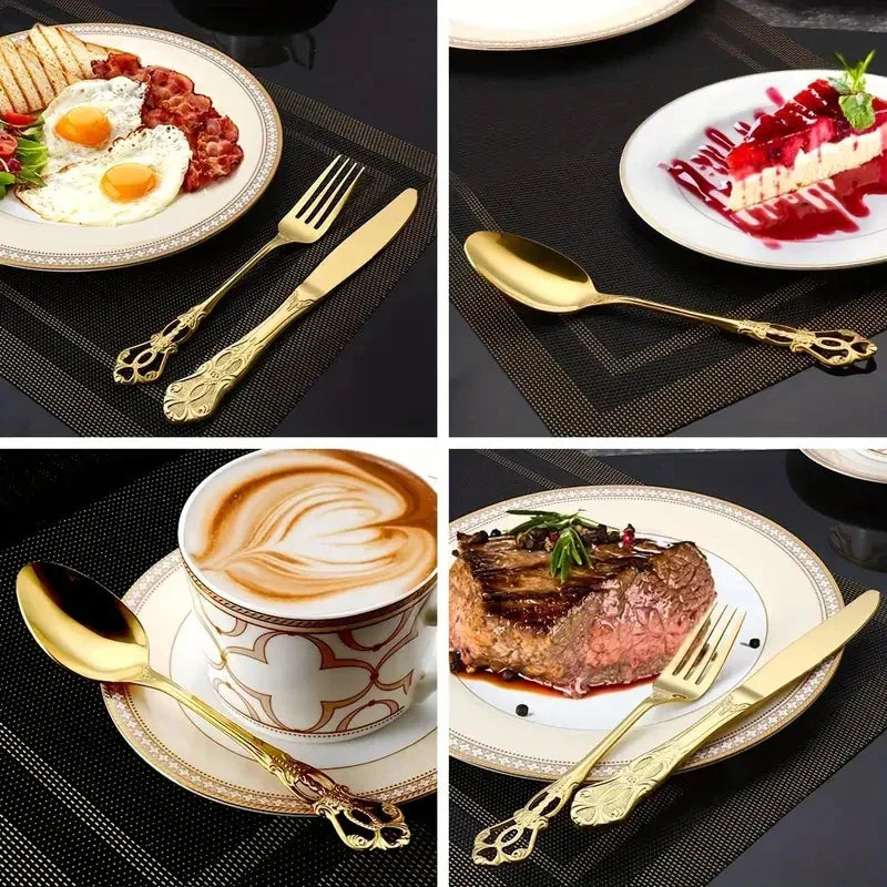 Axyaa Gold Embossed Stainless Steel Tableware Set, Steak Knife, Fork, Spoon, Dessert Fork