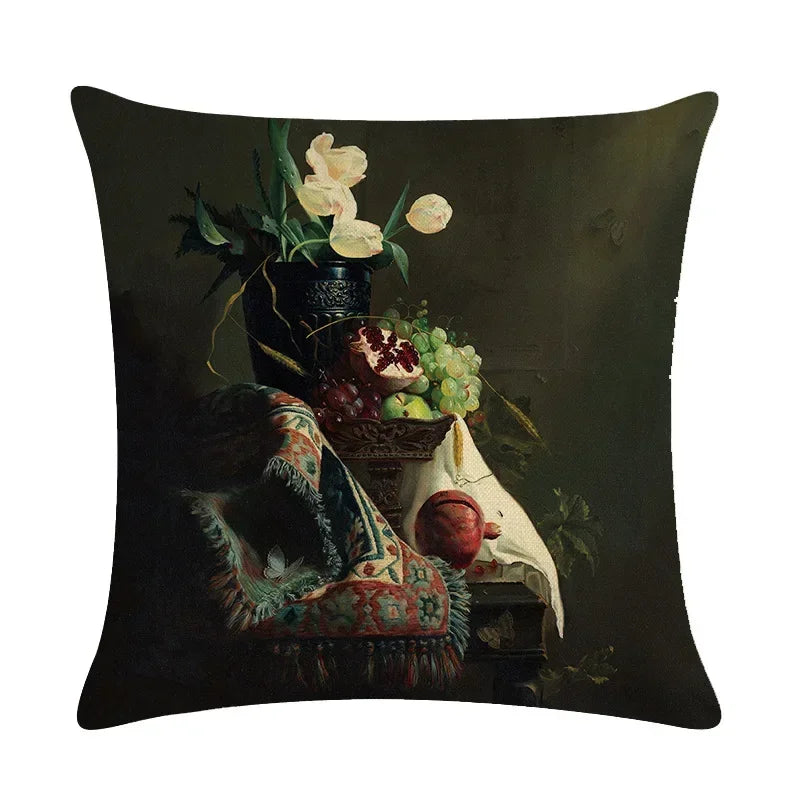 Axyaa Retro Oil Painting Linen Cushion Cover for Home Decor