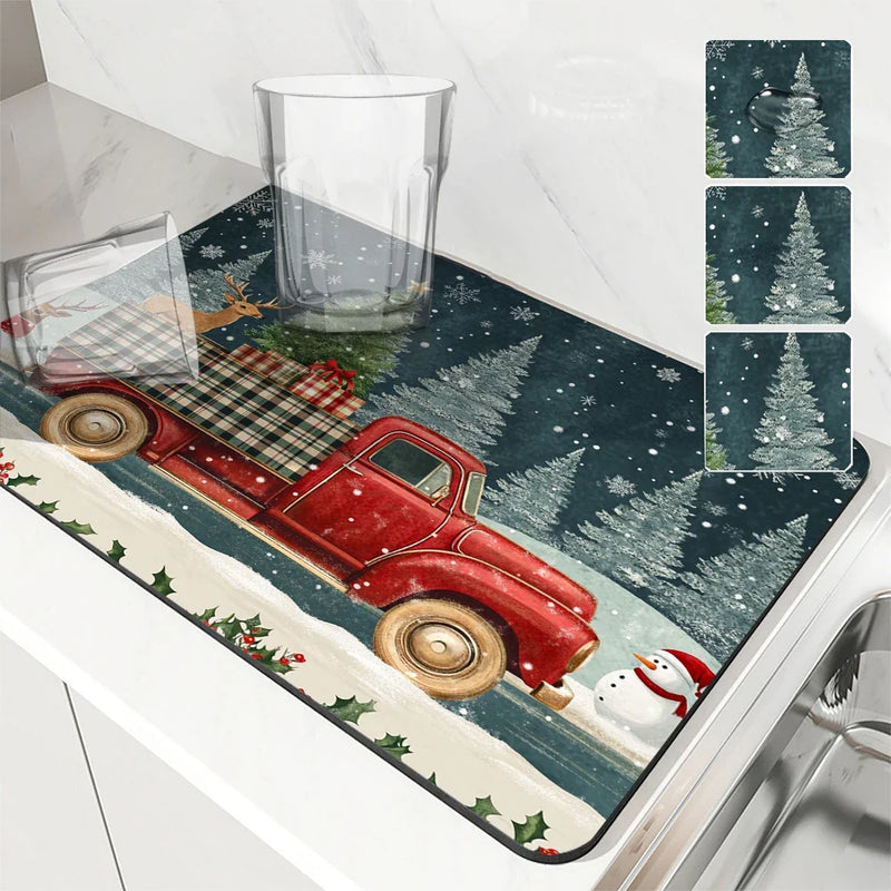 Axyaa Coffee Mat: Christmas Absorbent Draining Mat with Rubber Backing