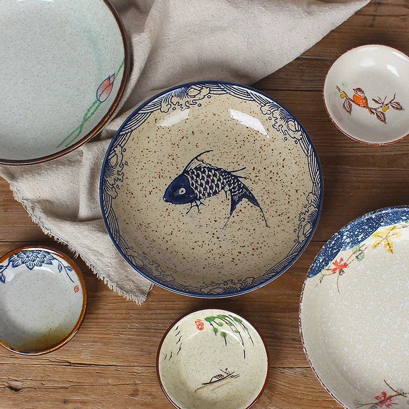 Axya Hand-painted Ceramics Japanese Dinner Plate Set for Desserts, Salad, Pasta, and Dipping Sauce