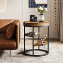 Axyaa Round End Table with 3 Storage Shelves, Industrial Wood Side Table