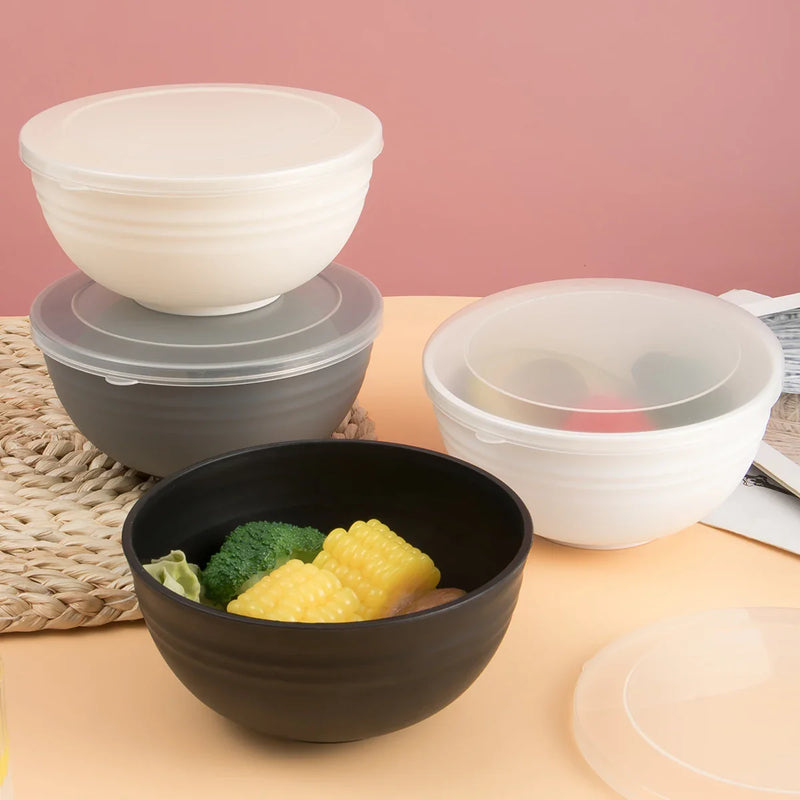 Axyaa White Plastic Bowls with Lid Set for Kitchen, RV, Camping - Pack of 6