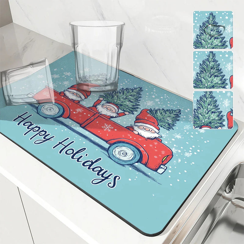 Axyaa Christmas Dish Drying Mat - Heat Resistant Non-slip Kitchen Counter Pad