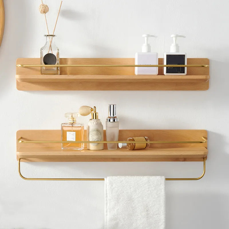 Wooden Brass Hook Towel Rack Wall Shelf for Bathroom Storage by Axya