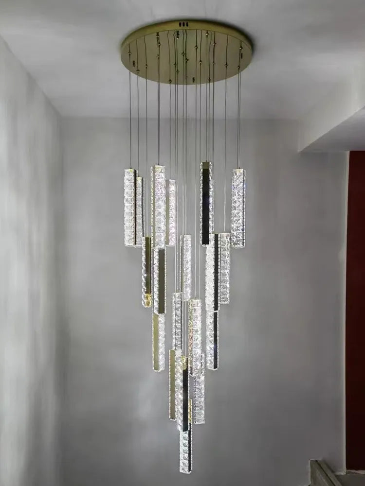 Axyaa Gold Chrome Steel Dimmable LED Pendant Lights with K9 Crystal Lustre for Villa Stairs