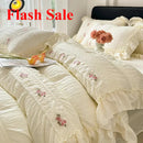Axyaa Korean Princess Lace Ruffles Wedding Bedding Set in Washed Cotton