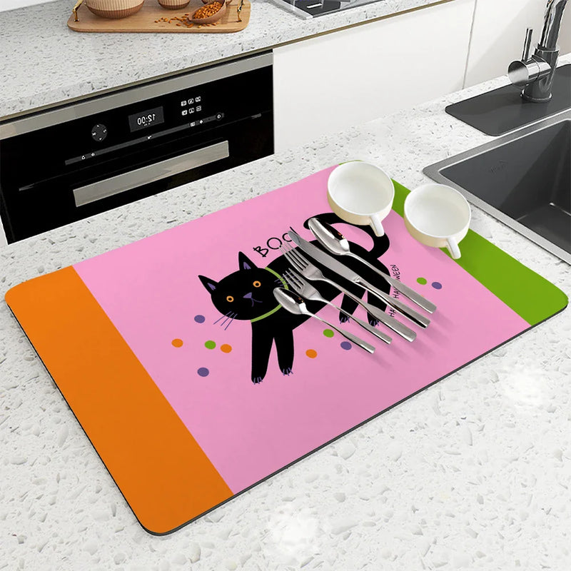 Axyaa Halloween Cat Drain Pad, Absorbent Anti-Slip Mat for Dishes and Cups