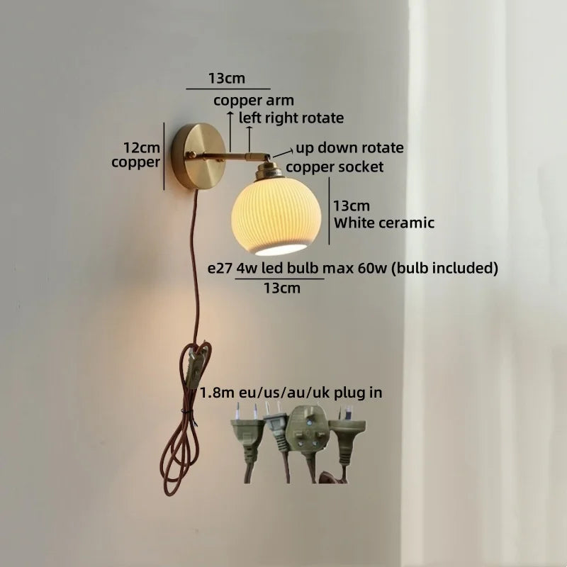 Axyaa Ceramic LED Wall Lamp: Japan Style Gold Brass Arm, Up Down Rotate