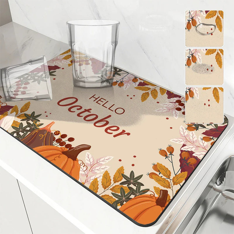 Autumn Harvest Maple Leaves Kitchen Drying Mat by Axyaa