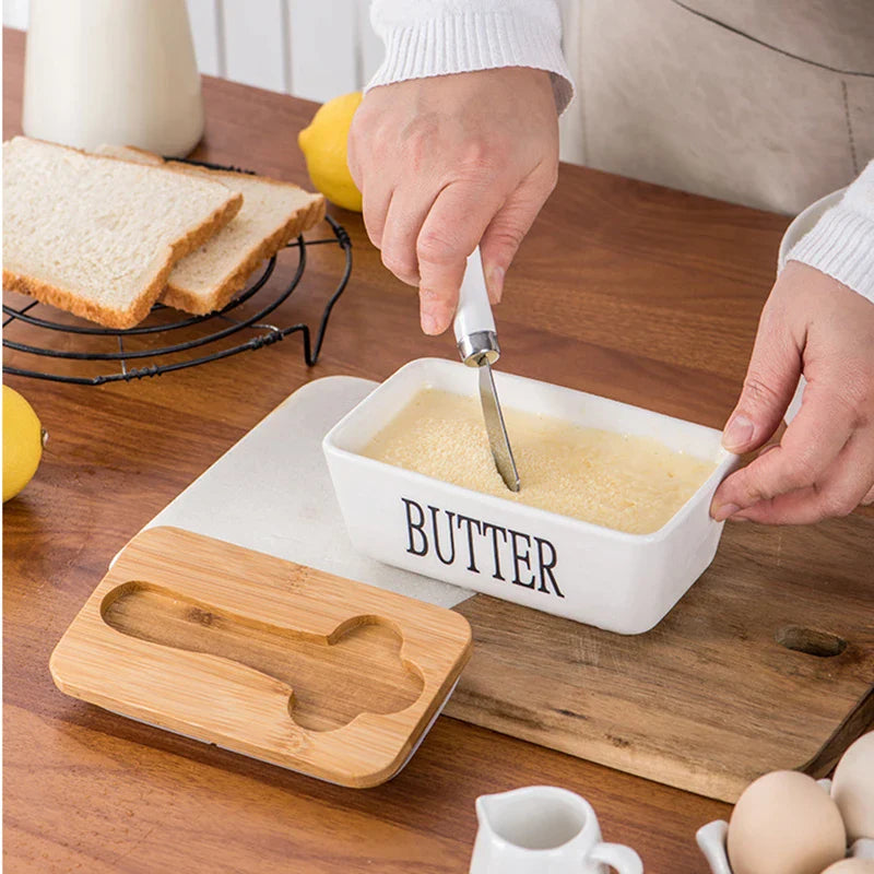 Axyaa Ceramic Butter Box with Knife - Rectangular Sealed Cheese Container