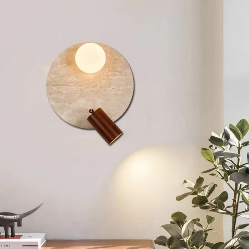 Axyaa White Glass LED Wall Light - Yellow Travertine Button Switch - Wabi Sabi Design