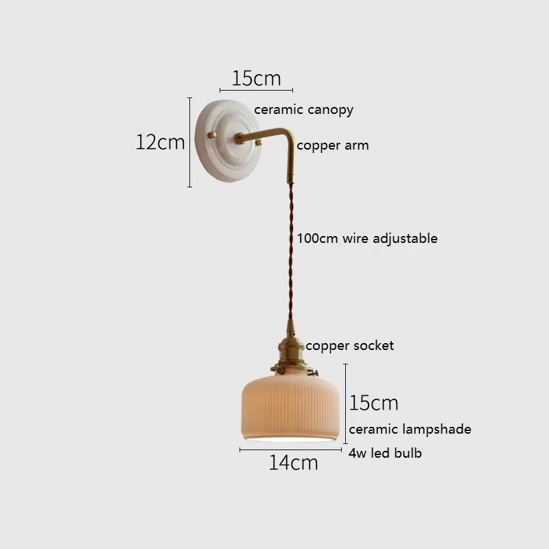 Axyaa Ceramic LED Wall Sconce with Adjustable Copper Arm for Bedroom, Bathroom, Mirror