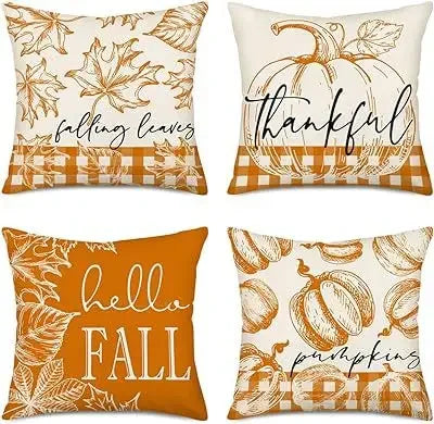 Axyaa Buffalo Check Print Linen Pillow Cover 45x45 for Fall Thanksgiving Decor