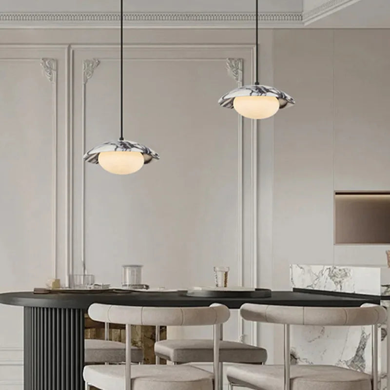 Axyaa White Glass LED Pendant Lights, Bulgari Stone Hanging Pendant Lamp