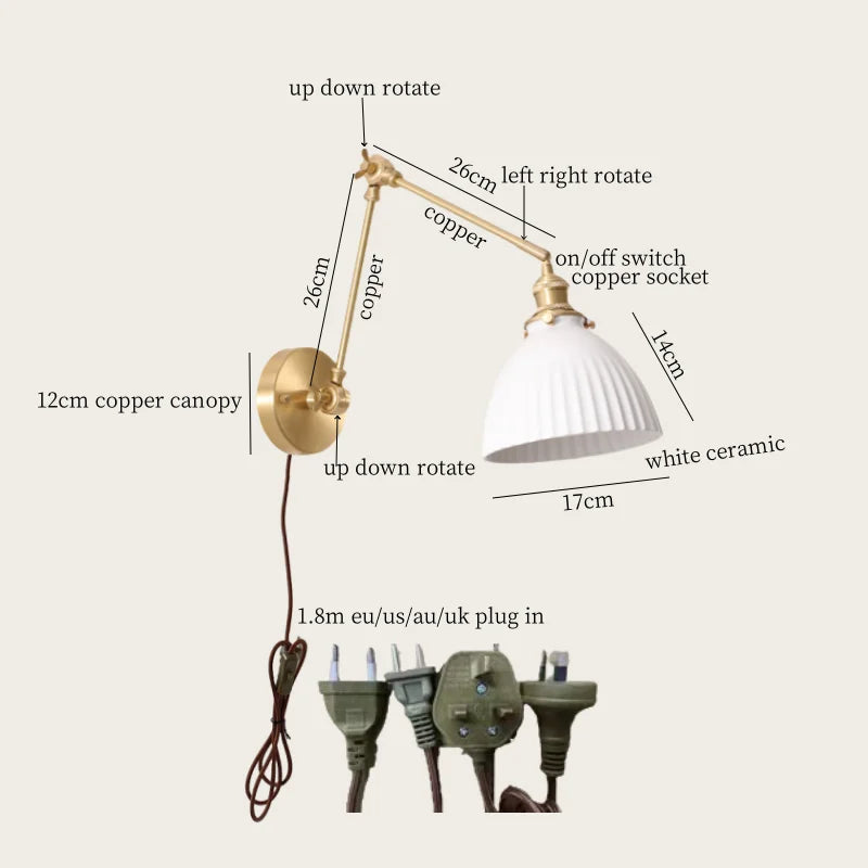 Axyaa Ceramic LED Wall Lamp Pull Chain Switch Nordic Copper Wandlamp