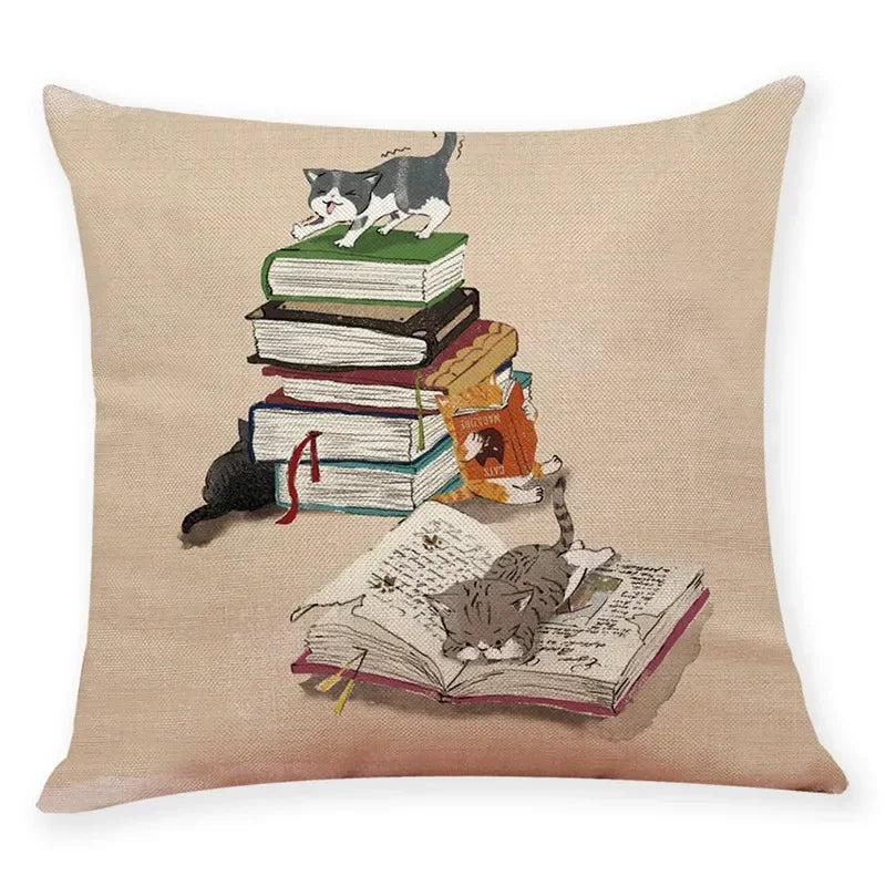 Axyaa Cat Print Linen Pillowcase 45x45cm Home Decor Cushion Cover