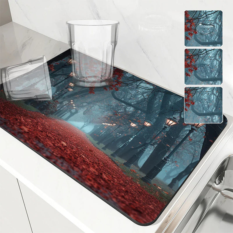 Axyaa Autumn Park Kitchen Drain Pad, Heat Resistant Dish Drying Mat