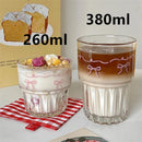 Axyaa Pink Bow Glass Cup Set - 2 Cups 260ml/380ml Iced Coffee Milk Juice Tumbler