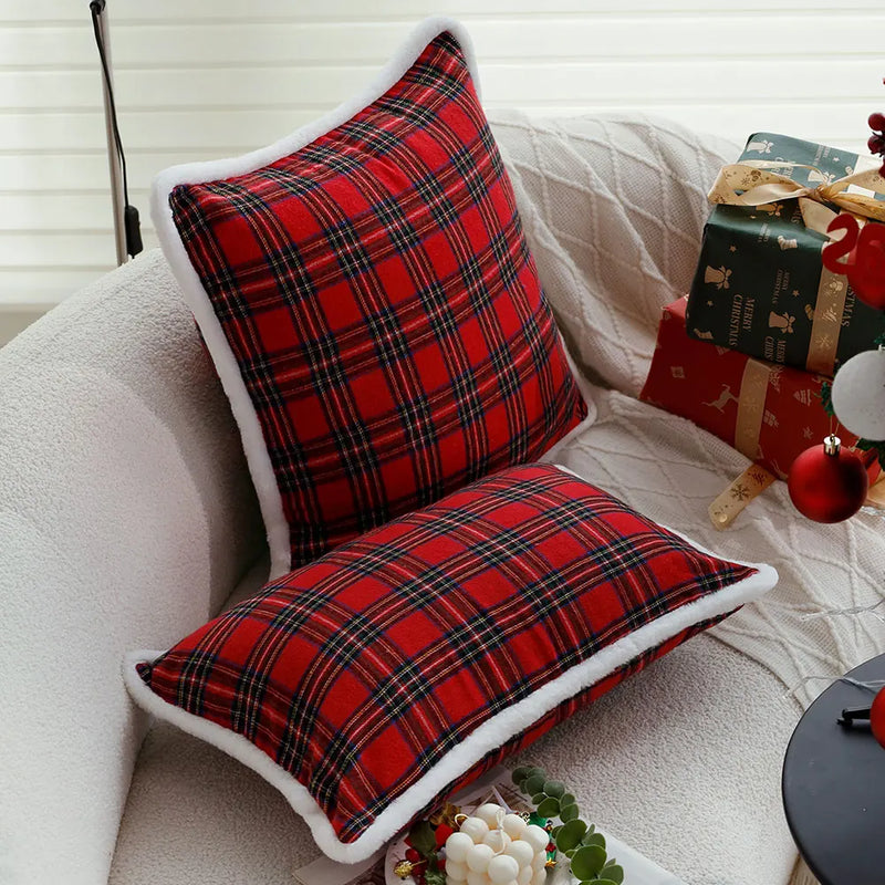 Axyaa Red Plaid Cushion Cover with White Plush Edge for Living Room and Bedroom