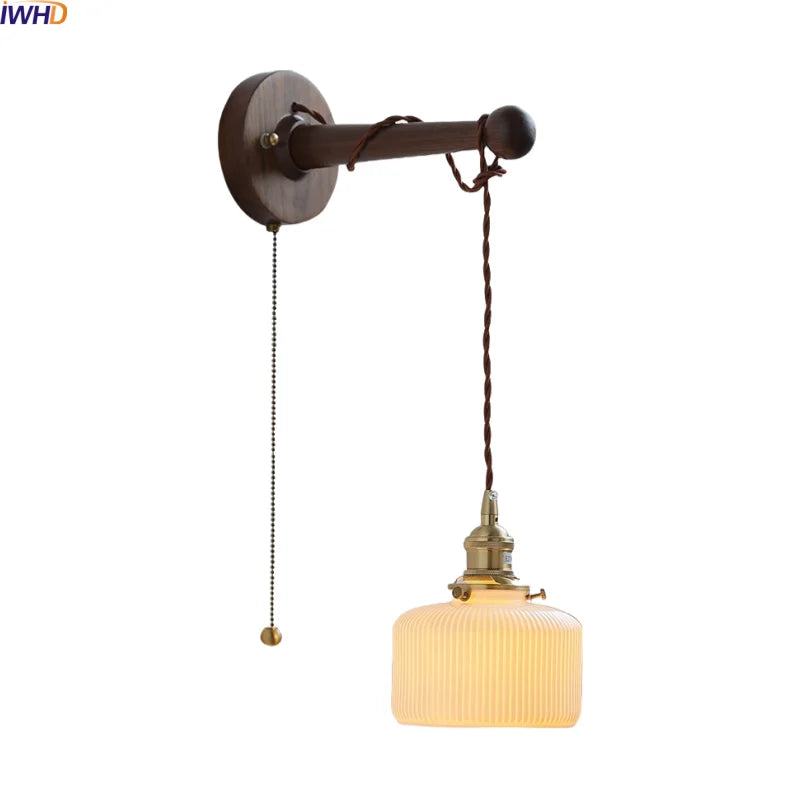 Axyaa Round Ceramic E27 Wall Lamp with Pull Chain Switch and Warm LED Light