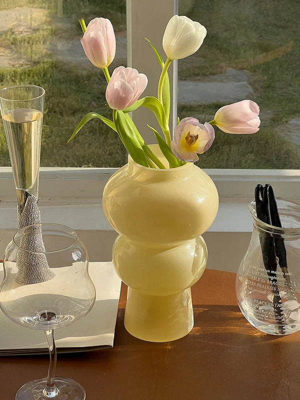 Axya Beige Glass Vase with Cream Circle Design for Home Decor & Flower Arrangement
