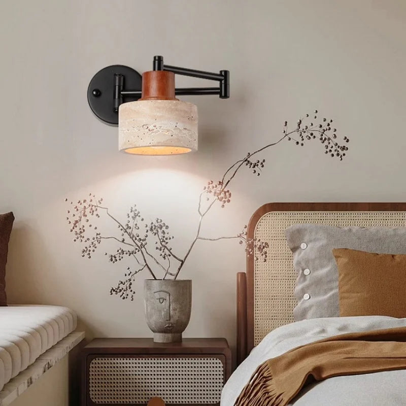 Axyaa Wabi Sabi LED Wall Lamp Sconce Black Iron Arm Yellow Travertine Stair Light