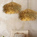 Axyaa Straw Hat Pendant Chandelier, Nordic Retro Rattan LED Drop Lamp