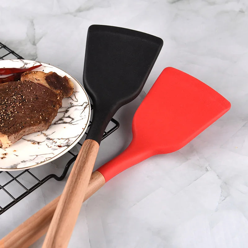 Axyaa Silicone Cooking Spatula Turner with Wooden Handle - Home Kitchen Utensil