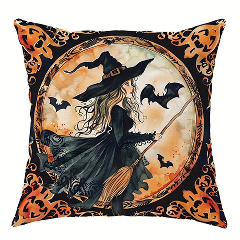 Axyaa Halloween Pillowcase: Witch Pumpkin Cat Castle Pattern for Living Room Sofa