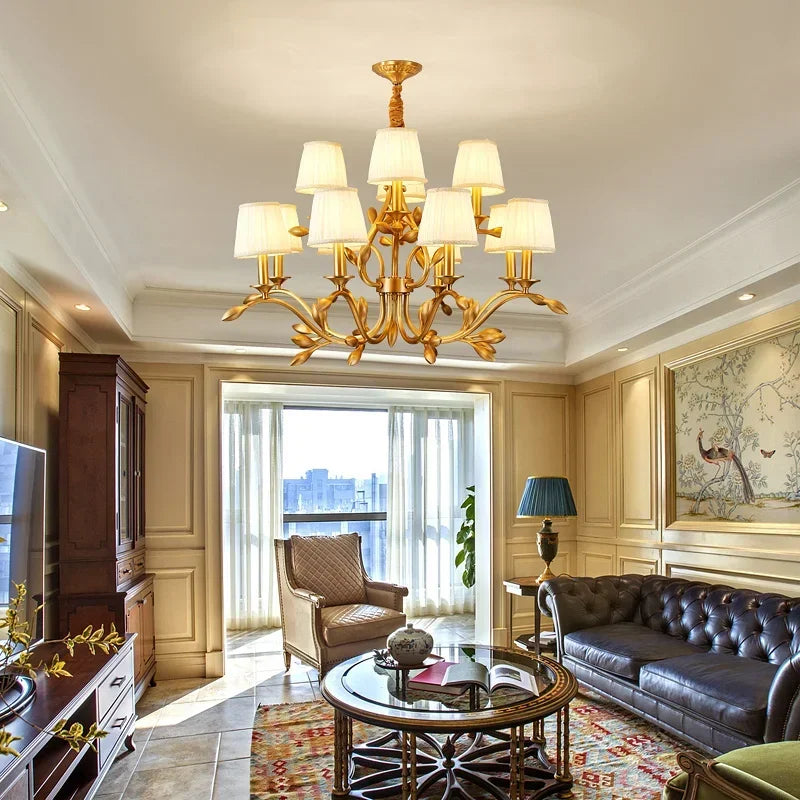 Axyaa Gold Copper Chandelier with Fabric Shades for Living Dining Bedroom Lighting